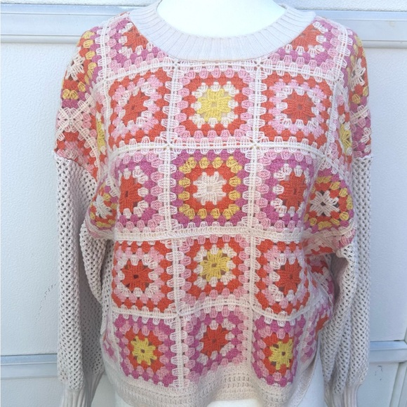 Zara Crochet Sweater Women S Patchwork Square Colorful Puff Sleeve Granny Boxy - Picture 3 of 14